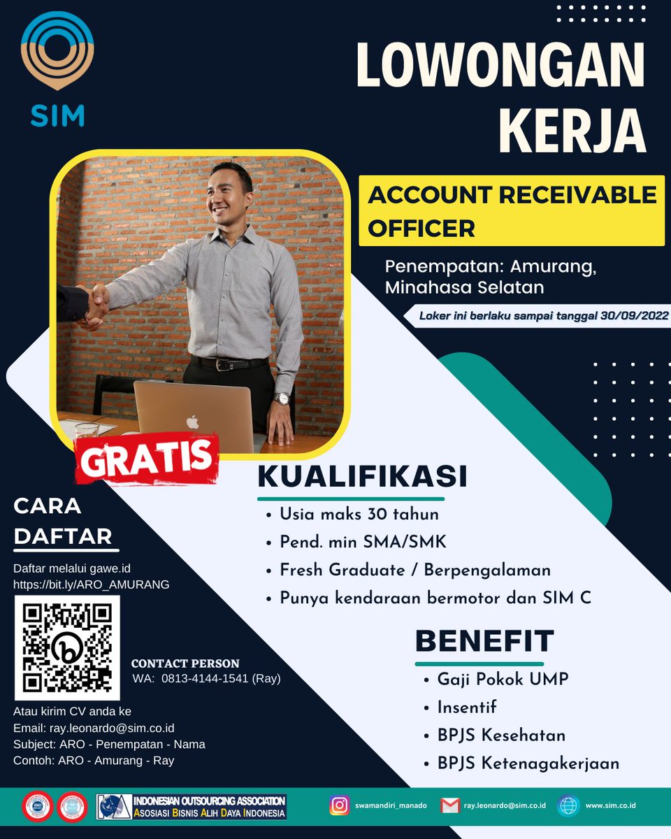 sim_manado's tweet photo. Lowongan kerja!!!
Posisi : ACCOUNT RECEIVABLE OFFICER
Penempatan Amurang

#swamandiri #swamandiri_manado #simgroup #gaweid #infoloker #infolokermanado #infolokersulut #infolokerbitung #infolokerkotamobagu #lokermanado #lokerbitung #lokerkotamobagu #lokersulut #lokersimgroup https://t.co/0cNQbxO5Tt