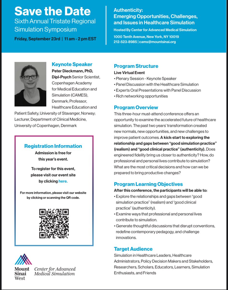Joseph P. Mathew (@josephpmathew3) on Twitter photo It’s that time of the year: presenting our Sixth Annual Tristate Simulation Symposium on Friday, Sept 23, hosted by <a href="/CAMSSimLab/">Center for Advanced Medical Simulation</a> at Mount Sinai West <a href="/MountSinaiNYC/">Mount Sinai Health System</a>. The conference will be virtual this year and registration is free. It’s that time of the year: presenting our Sixth Annual Tristate Simulation Symposium on Friday, Sept 23, hosted by <a href="/CAMSSimLab/">Center for Advanced Medical Simulation</a> at Mount Sinai West <a href="/MountSinaiNYC/">Mount Sinai Health System</a>. The conference will be virtual this year and registration is free.