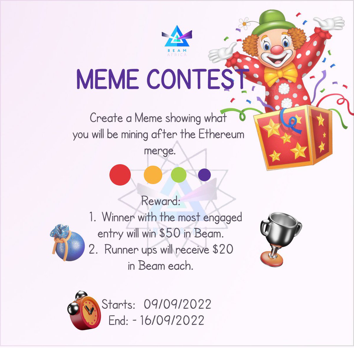 Another  <a href="/beam_africa/">Beam Africa</a> Meme Contest  is here 🤡🎉. The #EthereumMerge is the theme of the contest.

Follow the steps in the form to participate. May the best #meme win! 🚀
#Beam
docs.google.com/forms/d/e/1FAI…