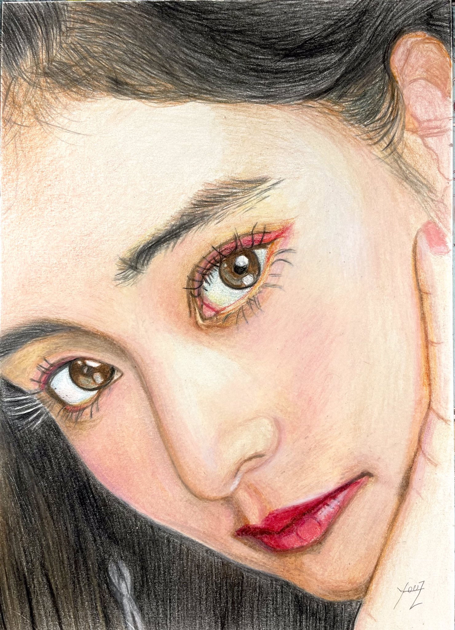 人物画　色鉛筆画 色鉛筆画/人物画/女性頭/額装 - ショップ Lin
