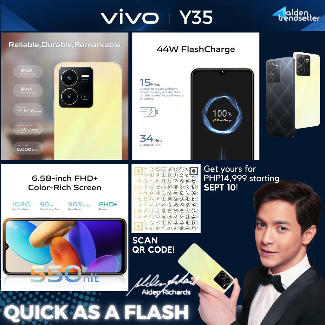 AldenTrendsOFC's tweet image. Check out the really cool features of vivo Y35!

Scan the QR code or click the link to see the complete online product details!
bit.ly/vivoY35-FB

Get yours for Php14,999 starting TODAY | SEPT 10!

@aldenrichards02 @Vivo_Phil 
#ALDENforvivo
#QuickAsAFlash 
#ALDENRichards