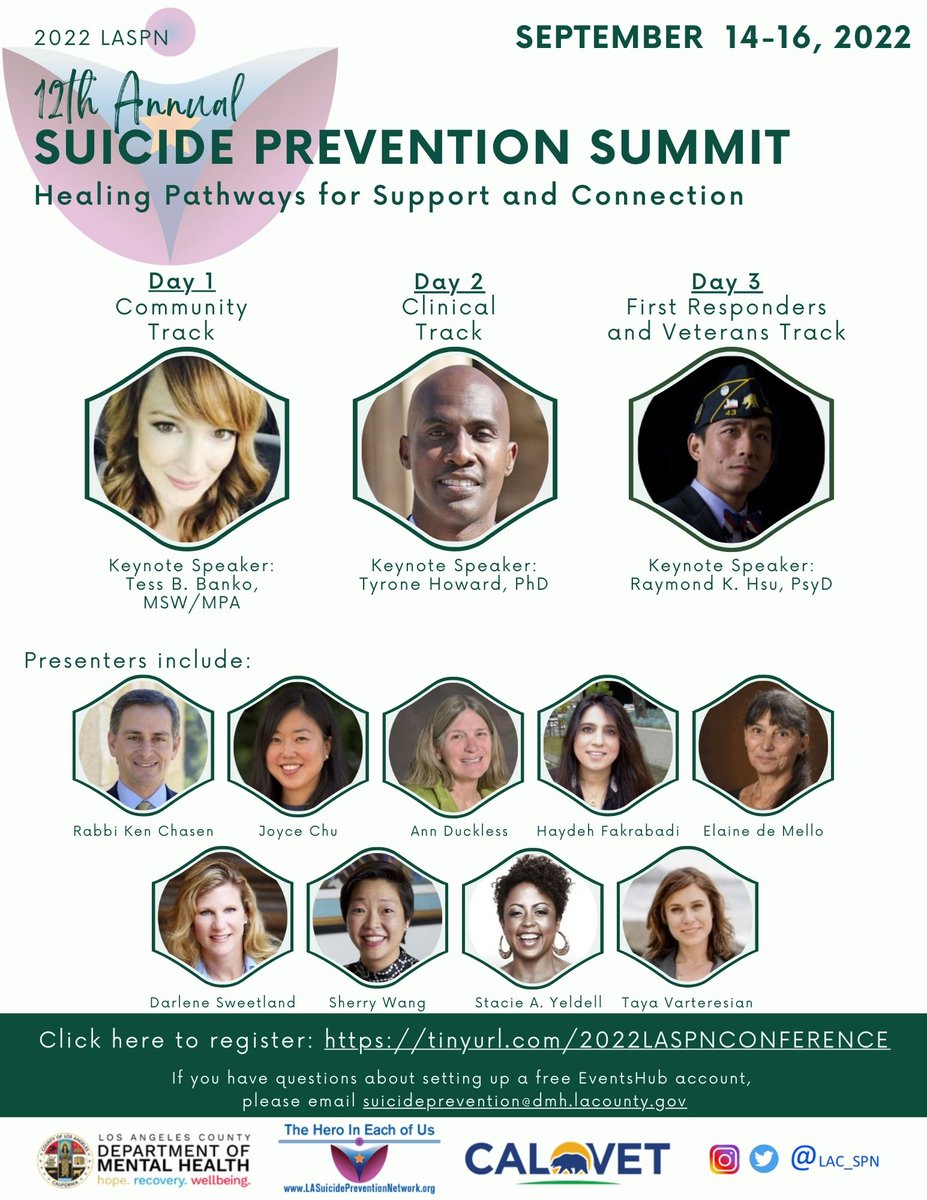 VeteranPeer's tweet image. JOIN US!
12TH ANNUAL
2022 LASPN
SUICIDE PREVENTION SUMMIT

Healing Pathways for Support and Connection

Sept. 14 - 16, 2022

To register, click here: tinyurl.com/2022LASPNCONFE…

If you have Qs about setting up a free EventsHub account, please email suicideprevention@dmh.lacounty.gov
