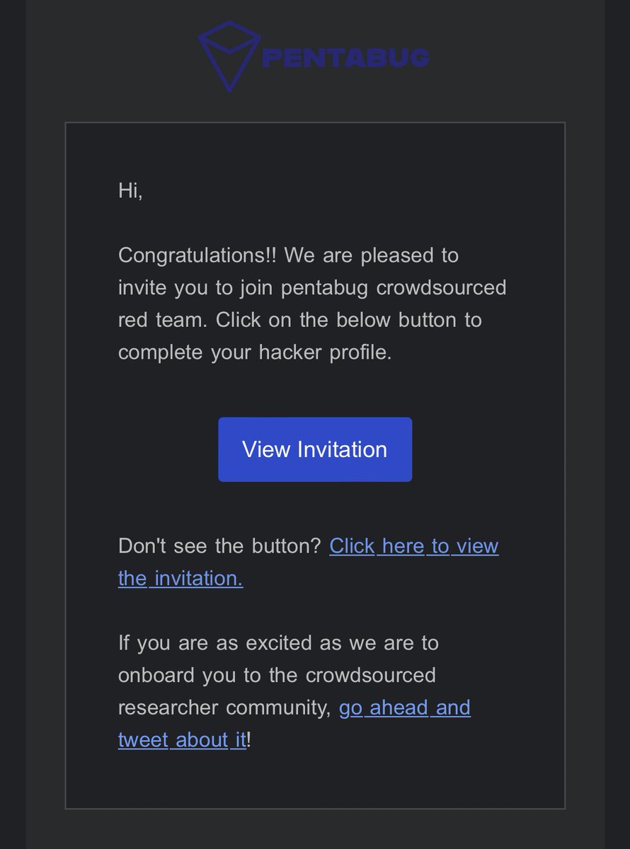 BeingN00b's tweet image. I am so excited to be a part of the PentaBug Red Team. Looking forward to hunt on @pentabug. pentabug.com.
#pentabug #letsgohunting