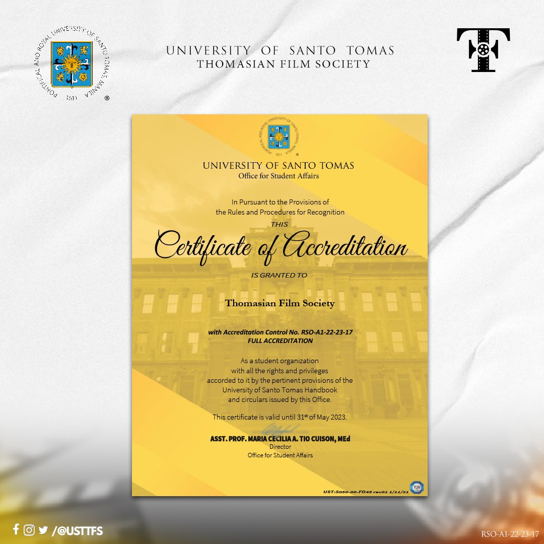 USTTFS's tweet photo. The Thomasian Film Society has been granted full accreditation for this academic year!
Watch out for a wide spectrum of events, productions, and other content made by incredibly talented Thomasian filmmakers.
#TFS9
#ThomasianFilmSociety
--
RSO-A1-22-23-17 https://t.co/CyW9fl4eMC
