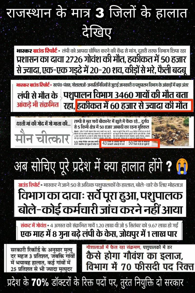 राजस्थान सरकार  &amp; पशुपालन विभाग के हालात देखिए😭 आखिर कब 70% रिक्त पदों पर डॉक्टरों को नियुक्ति देगी सरकार, गोवंश बेमौत मारा जा रहा है <a href="/KatariaLalchand/">Lalchand Kataria</a> <a href="/ashokgehlot51/">Ashok Gehlot</a> <a href="/News18Rajasthan/">News18 Rajasthan</a> <a href="/1stIndiaNews/">First India News</a> <a href="/zeerajasthan_/">ZEE Rajasthan</a> <a href="/AAPRajasthan/">AAP Rajasthan</a> <a href="/BJP4Rajasthan/">BJP Rajasthan</a> <a href="/RLPINDIAorg/">Rashtriya Loktantrik Party</a> <a href="/rpbreakingnews/">Rajasthan Patrika</a> <a href="/pantlp/">LP Pant</a>