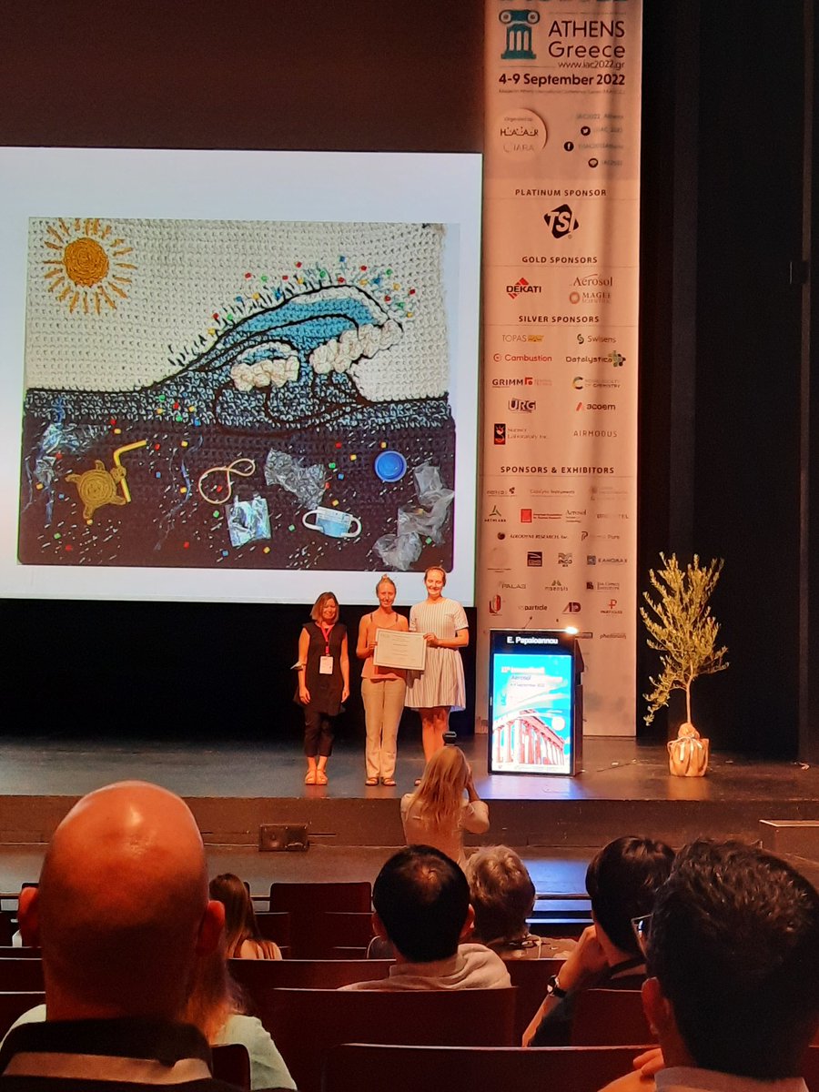 EvaKjaergaard1's tweet photo. Freja Hasager and I won first place in the Aerosol Art competition at @IAC_2022 with our crochet art piece "The Great Wave of Microplastic"! Thanks to everyone who voted! #microplastic #aerosol #womeninscience https://t.co/X1mCoCMMMe