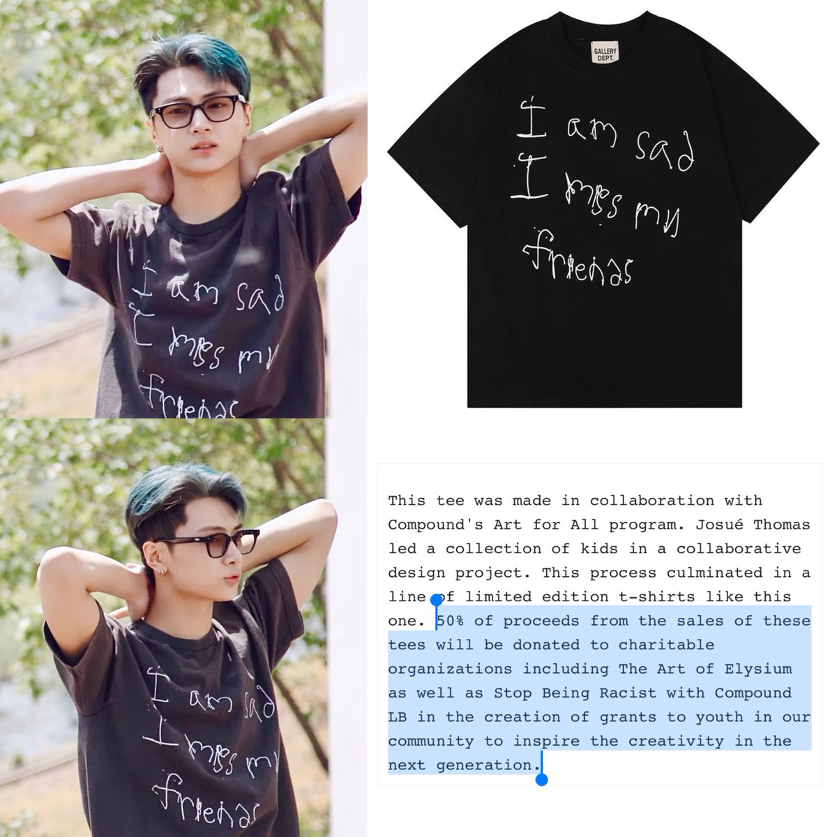 “I am sad I miss my friends”
This t-shirt Jay was wearing on So So Fun episode 4 is from a collaborative design project where 50% of the t-shirts sales will be donated to charitable organizations such as ‘The Art of Elysium’ &amp; ‘Stop Being Racist’.

#ENHYPEN_JAY