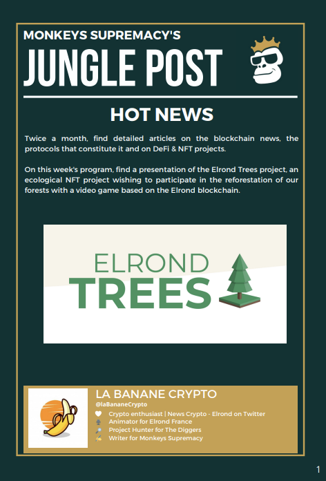 Hi Monkeys !🐒

While Elrond is a blockchain known for its ecological assets, <a href="/laBananeCrypto/">Matt</a>  decided to focus this week on one of the major ecological projects : @ElrondTrees🌳

Hold a monkey to read those bi-monthly articles on our discord🍌