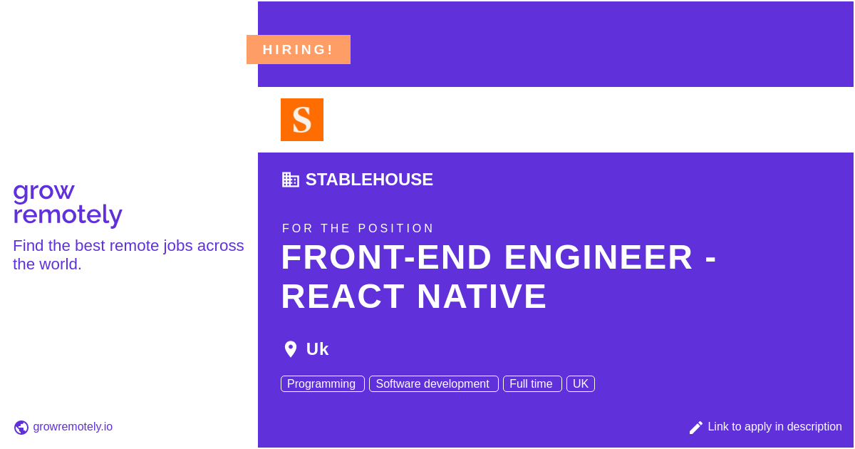 growremotelyio's tweet photo. Check out this job at Stablehouse for the position Front-End Engineer - React Native.

 Apply link: https://t.co/yceSovQtHs

#hiring #remotejobs #Stablehouse #Programming https://t.co/I4MZoidA8v