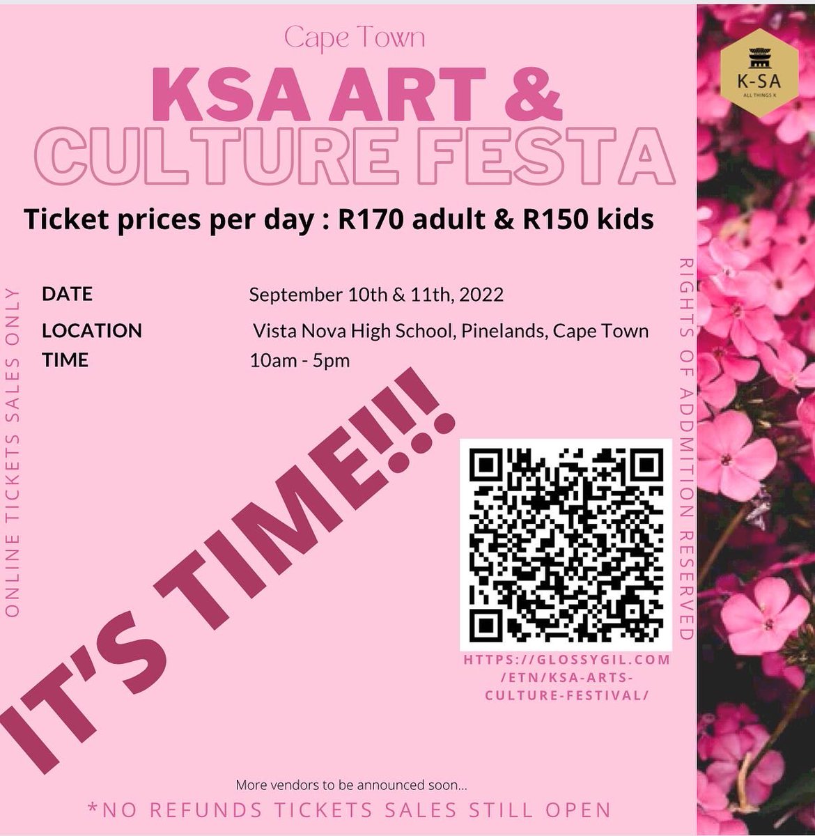 OfficialKSA_'s tweet photo. Cape Town KSA Arts and Culture Festa

Tickets can be bought at the door, but will not include a gift bag.

📣Please note venue; Vista Nova High School, Pinelands

Your order number or payfast item number works as a ticket that will allow you entrance at the event.

SEE YOU THERE! https://t.co/FjHxJer65M
