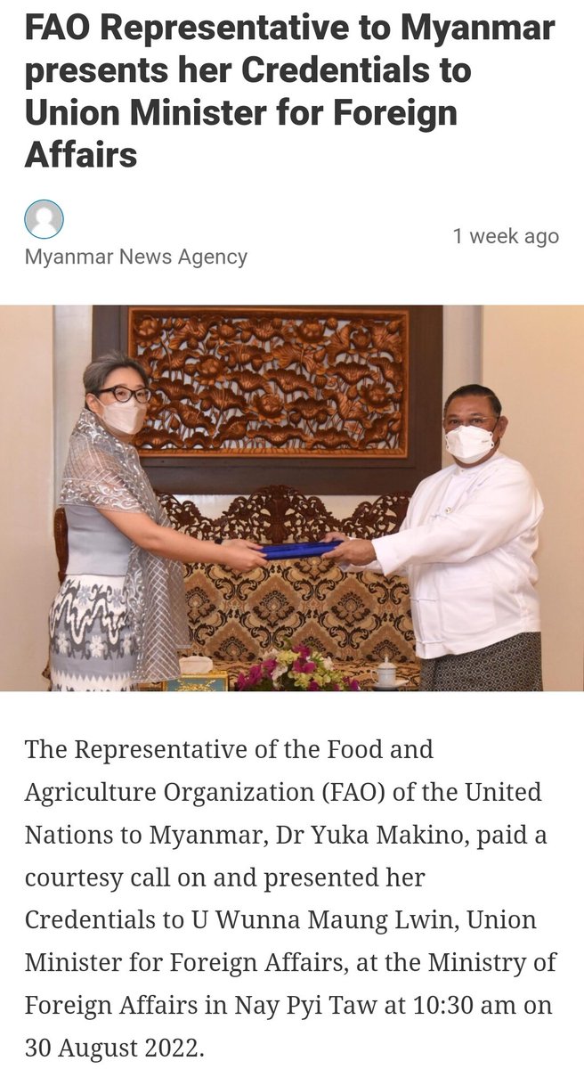 Various international aid organizations starting to step up engagement with #Myanmar #military as they present their credentials to regime that staged coup. A week ago, <a href="/FAOAsiaPacific/">FAO Asia Pacific</a> met with army's foreign minister while <a href="/IOM_Myanmar/">IOM Myanmar</a> is latest to do so #WhatsHappeningInMyanmar