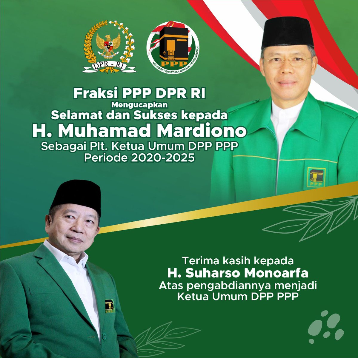 FraksiPPPDPRRI's tweet photo. Fraksi PPP DPR RI mengucapkan selamat dan sukses kepada
H. Muhamad Mardiono 
Sebagai Plt. Ketua Umum DPP PPP Periode 2020-2025

Terima kasih kepada 
H. Suharso Monoarfa
Atas pengabdiannya menjadi Ketua Umum DPP PPP https://t.co/DRUXrt6oNx