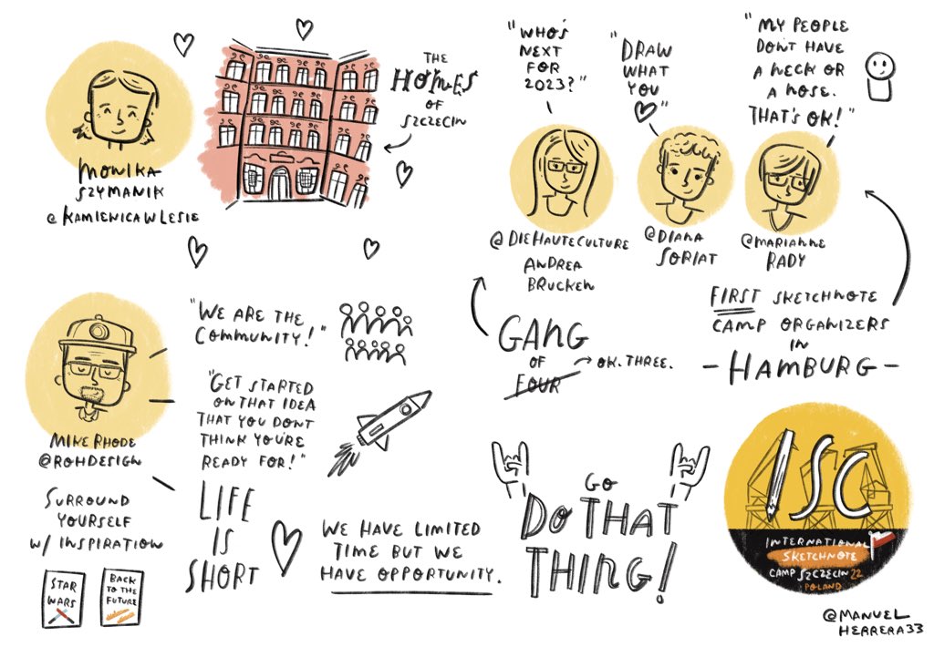 Day 1 of <a href="/Sketchnote_Camp/">International Sketchnote Camp 2023</a> 
Great stories of appreciation of home, a keynote of inspiration, and finding out how much the event has grow! Thank you all for sharing. <a href="/rohdesign/">Mike Rohde</a> <a href="/dieHauteCulture/">Andrea Brücken</a> <a href="/DianaSoriat/">Sketchnotes by Diana</a> <a href="/MarianneRady/">Marianne Rady</a> <a href="/AniaStaskiewicz/">Ania Staskiewicz</a> #isc22pl #draw #sketch #sketchnote #doodle