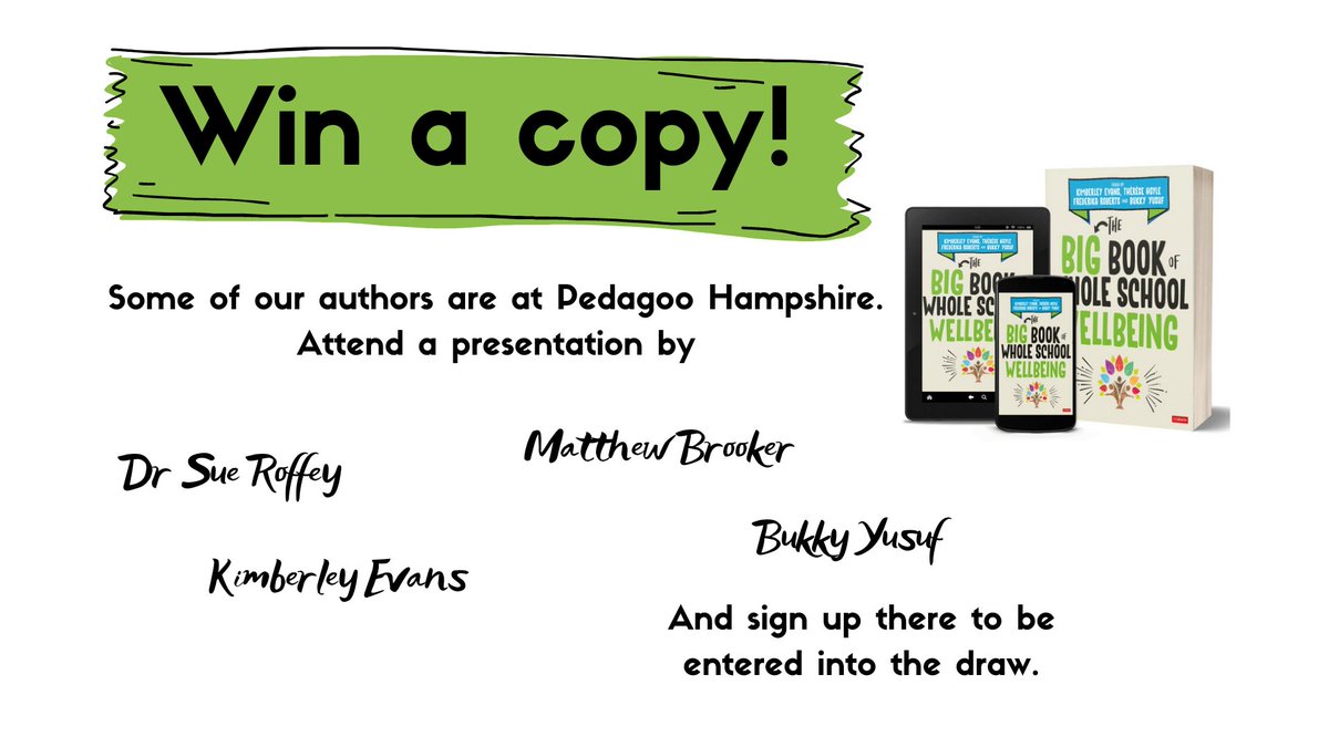 If you are at #Pedagoohampshire22 you could win a copy of #BigBookWellbeing. Just attend a session by one of our authors (<a href="/SueRoffey/">Dr Sue Roffey</a> @Brooker1M <a href="/rondelle10_b/">B Yusuf FCCT👩🏾‍🔬 FRSA | Whole School Wellbeing</a> and me <a href="/nourishworkplce/">Nourish the Workplace - Kimberley Evans</a>!) who are there and sign up on the prize draw sheet.
See you soon!