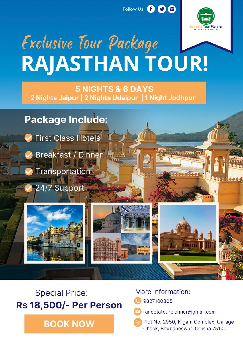 EXPLORE RAJASTHAN WITH THE RANEETA TOUR PLANNER! 
Plan your trip to Rajasthan with Raneeta Tour Planner at the best possible prices to enjoy a beautiful destination. 
Call us at ☎️ 9827100305 for more detail.
#rajasthantour #rajasthantourpackage #rajasthantrip #RaneetaTourPlanner