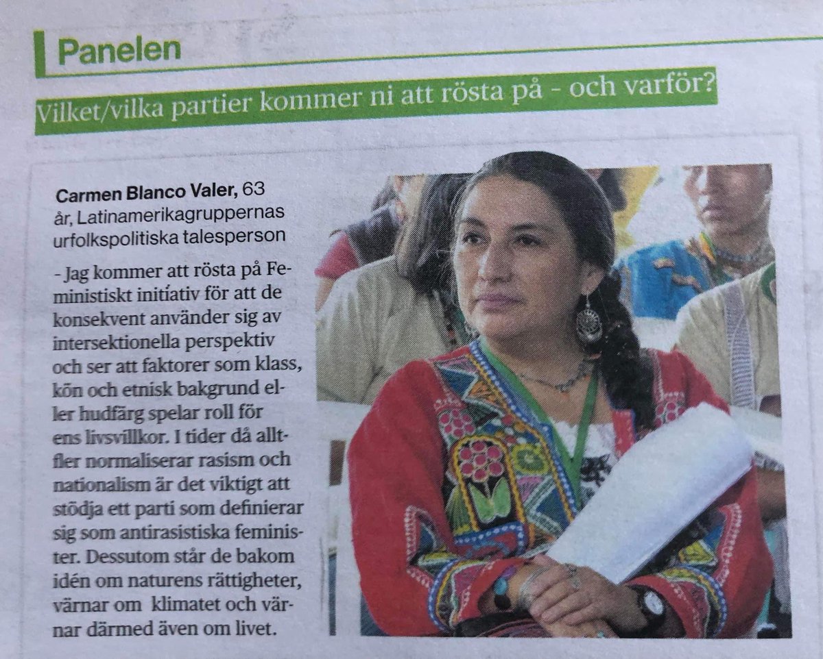 ”I tider då alltfler normaliserar rasism och nationalism är det viktigt att stödja ett parti som definierar sig som antirasistiska feminister. Dessutom står de bakom idén om naturens rättigheter, värnar om klimatet och värnar därmed även om livet” Tack <a href="/Carmincha1/">Carmen Blanco Valer</a> <a href="/TidningenSyre/">Syre</a>