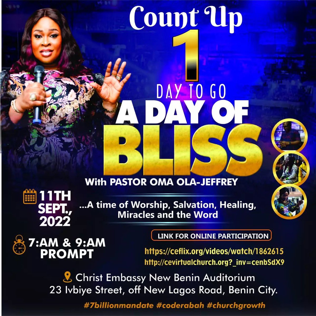 OmaJeffrey's tweet photo. Itβs 1 Day (24 hours) to DAY OF BLISS! LINKS FOR ONLINE PARTICIPATION;
https://t.co/TXvc49UpYG
https://t.co/9qqJRYwa5O
#dayofbliss
#DOBwithPOOJ
#cellministry
#7billionmandate
#soultracker
#ceclfportal
#coderabah
#coderabahactivated
#coderabahmovement
#cenewbenin
#cemidwestzone https://t.co/ERXlghINwM