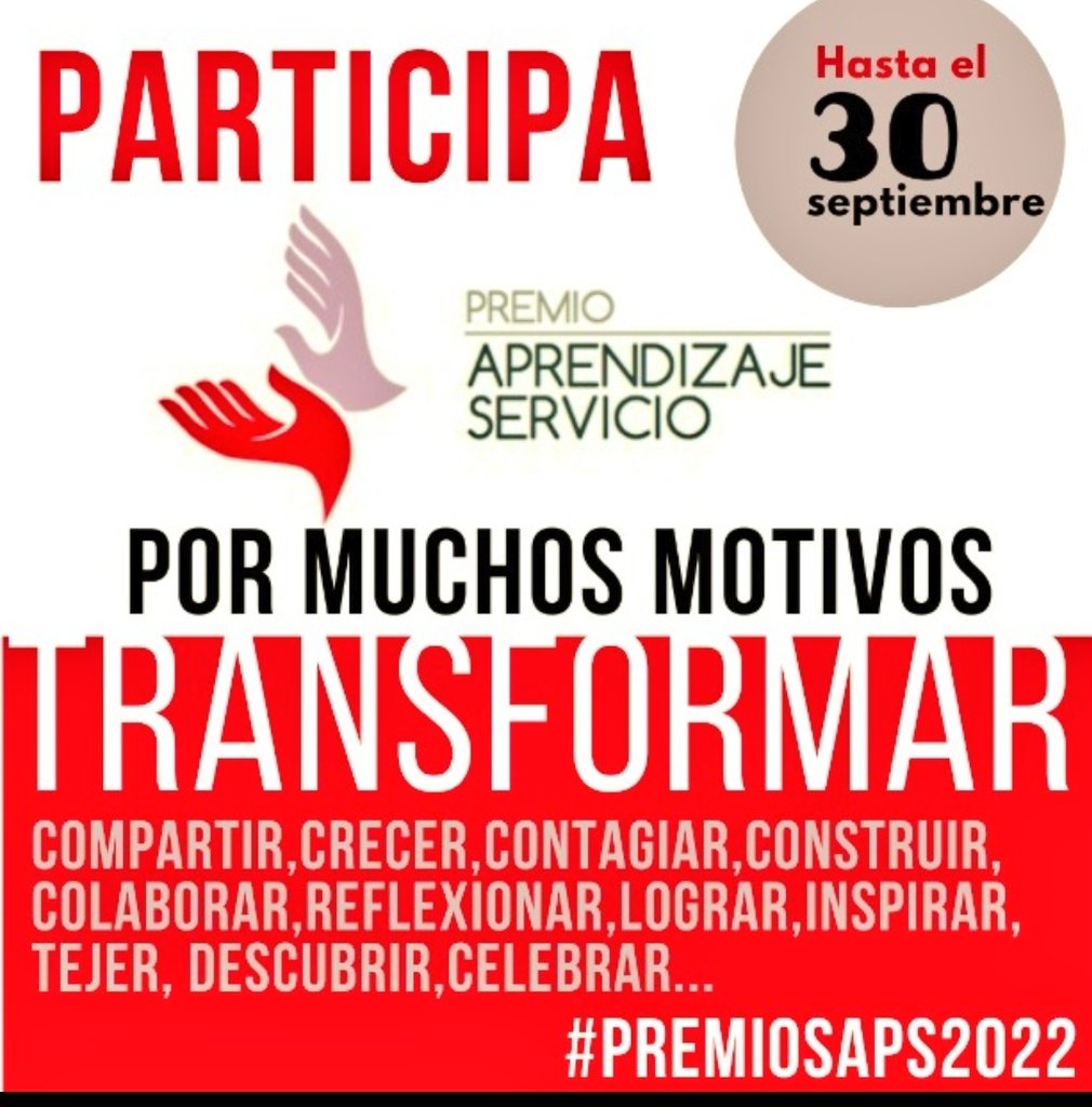 #BuenosDias
Presentad vuestro proyecto a los #PremiosApS2022 y seguid TRANSFORMANDO. Los 17 Grupos Impulsores de la #RedApS estaremos encantados de apoyaros en este último empujón🤝.
NOS ENCONTRARAS EN ➡️aprendizajeservicio.net/grupos-impulso…
🗓️Hasta el 30 de septiembre
#AprendizajeServicio