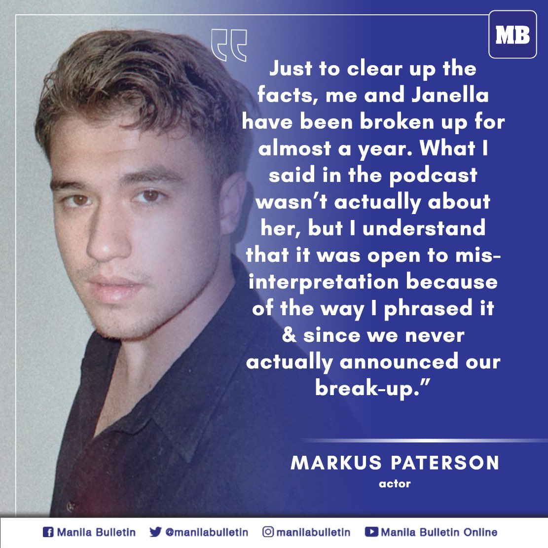manilabulletin's tweet photo. Actor Markus Paterson has revealed that he and partner Janella Salvador have broken up for almost a year now.

READ: https://t.co/JA9oERlRPt https://t.co/CI5imjHEBm