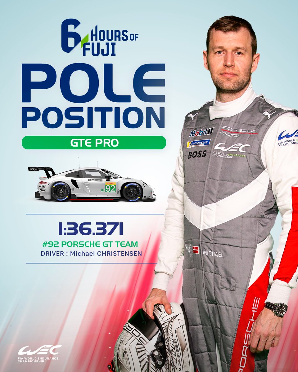 FIA World Endurance Championship (@fiawec) on Twitter photo No.92 Porsche 911 RSR-19 takes pole position in LMGTE Pro as Michael Christensen laps in a 1m36.371s. Dane seals the No.92 cars second pole position of the season to start from the front.
#WEC #6HFuji <a href="/PorscheRaces/">Porsche Motorsport</a> <a href="/ChristensenMK/">Michael Christensen</a> No.92 Porsche 911 RSR-19 takes pole position in LMGTE Pro as Michael Christensen laps in a 1m36.371s. Dane seals the No.92 cars second pole position of the season to start from the front.
#WEC #6HFuji <a href="/PorscheRaces/">Porsche Motorsport</a> <a href="/ChristensenMK/">Michael Christensen</a>