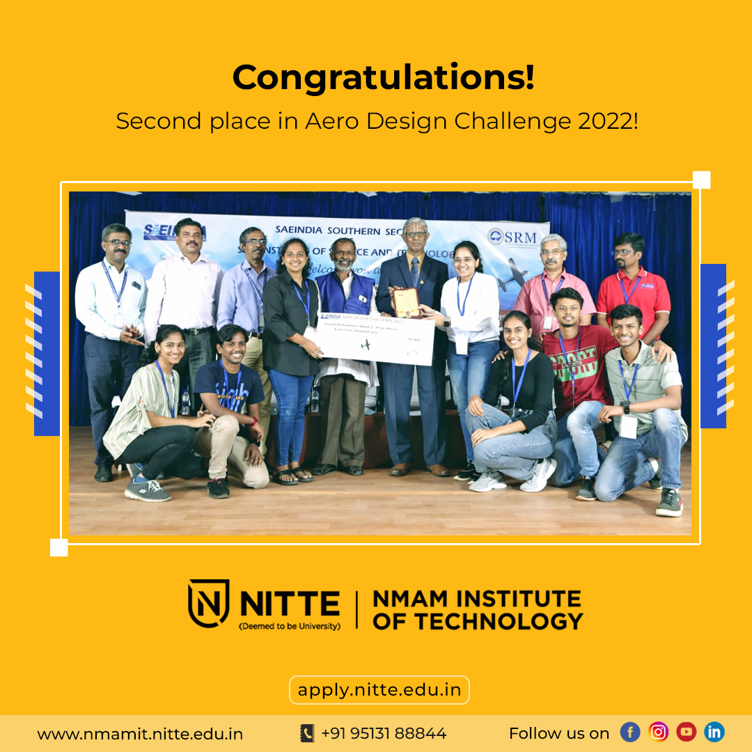 nmamitnitte's tweet photo. Congratulations to the Aero Club team, NMAMIT Nitte for having secured Second place in the "Overall Performance Category" at Aero Design Challenge - 2022 held at SRM Institute of Science and Technology, Chennai. 
#Nitte #NitteUniversity #NMAMIT #Aeroclub #Nitteengineering https://t.co/NCpNC6axoZ