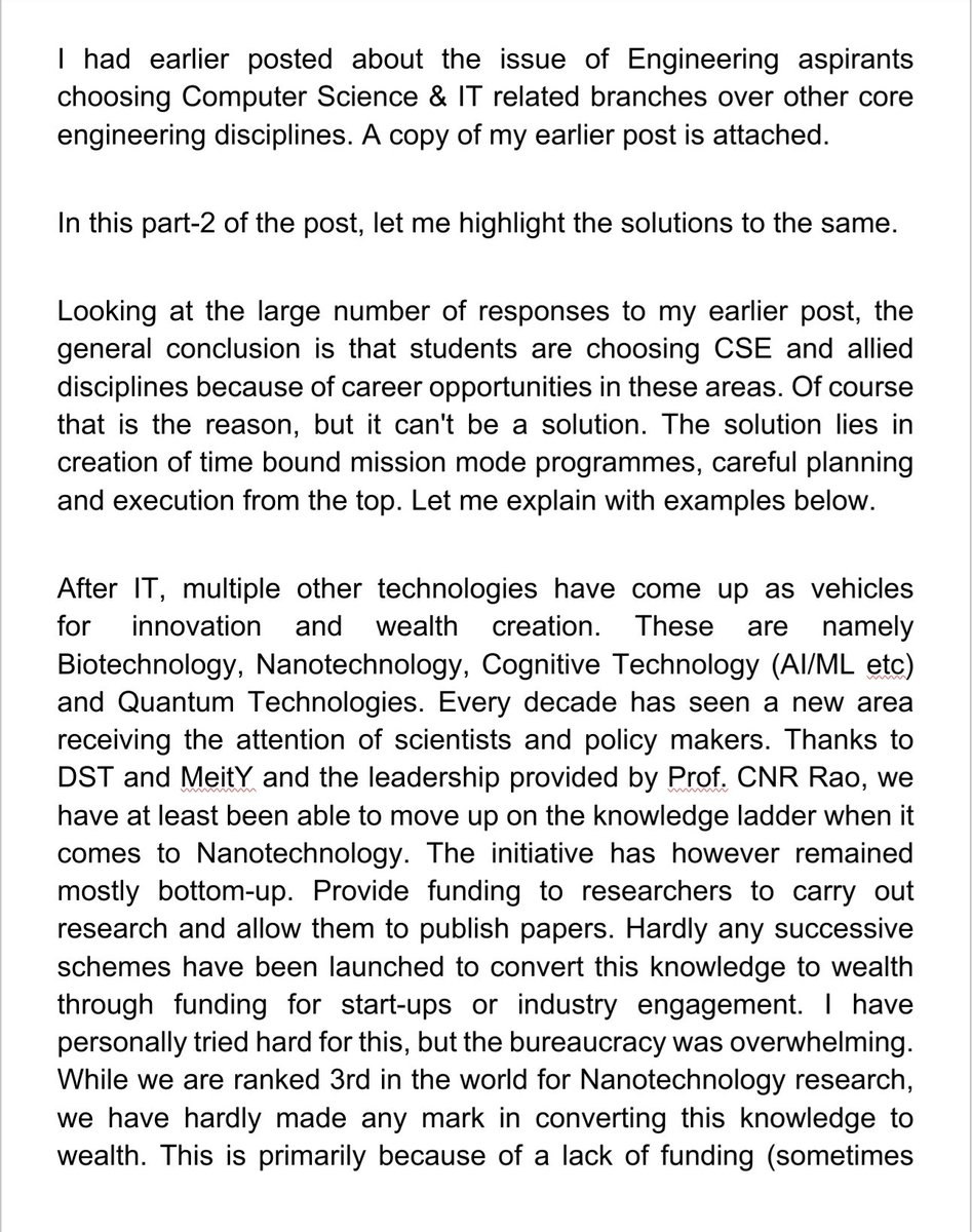 ramgopal_rao's tweet photo. I had earlier flagged about the issue of Engineering aspirants choosing Computer Science &amp; IT related branches over other core engineering disciplines. 

In this part-2 of the post, let me highlight the solutions for the same.

#education #planning #research #innovation #startup https://t.co/4vU8I2q40V