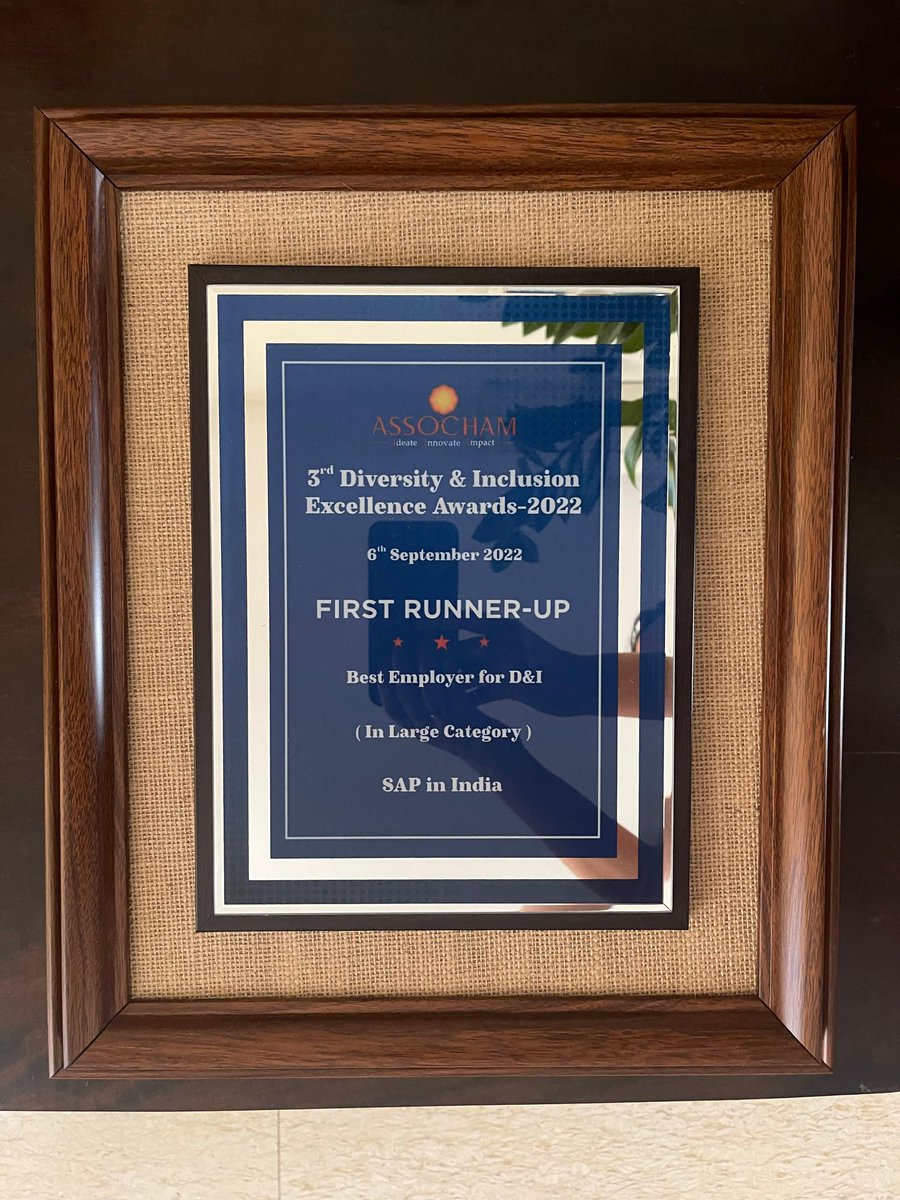 SAP is proud to be conferred the First Runner-up title ‘Best Employer for D&amp;I' at the prestigious Diversity &amp; Inclusion Excellence Award 2022 by <a href="/ASSOCHAM4India/">ASSOCHAM</a>. We foster an open culture &amp; with efforts on D&amp;I, would like our workplace to be a testimony to inclusive innovation.