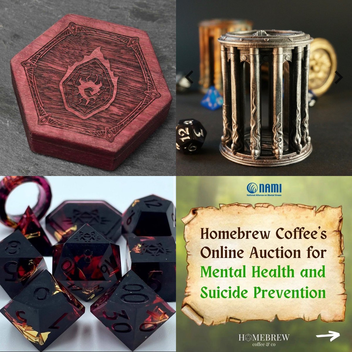 Honoured to be part of a auction fundraiser with over 40 artists raising awareness of Mental Illness that <a href="/homebrewcc_/">HomebrewCoffeeCo</a> organized. I donated my dice set are being paired with <a href="/ElderwoodBoxes/">Elderwood Academy 🎲📚</a> + @gorgeousbarbarian to create “The Ultimate Dice Package” link: app.galabid.com/homebrewcoffee