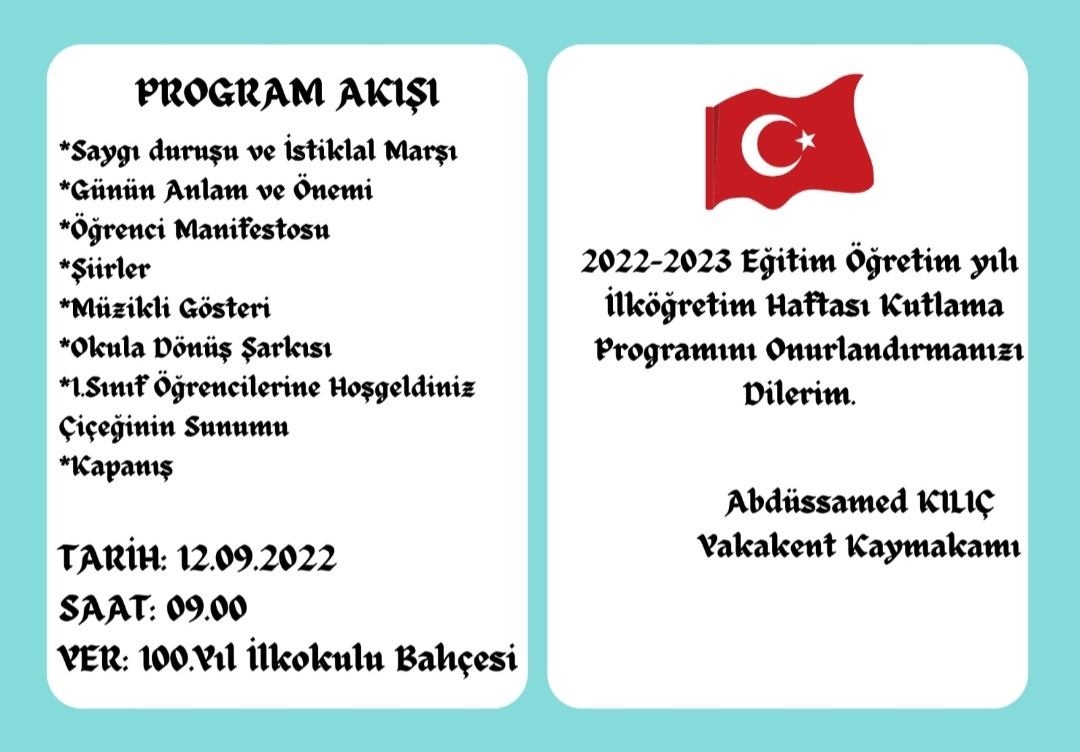 2022-2023 Eğitim Öğretim Yılı İlköğretim Haftası Kutlama Programı okulumuzda yapılacaktır. @muratagar60 @ademsimsek55 @OrhanDEER1 @Coskunturan05 @KadirBo02112731 @IlceYakakent @100yilyakakent #yakakent100yililkokulu