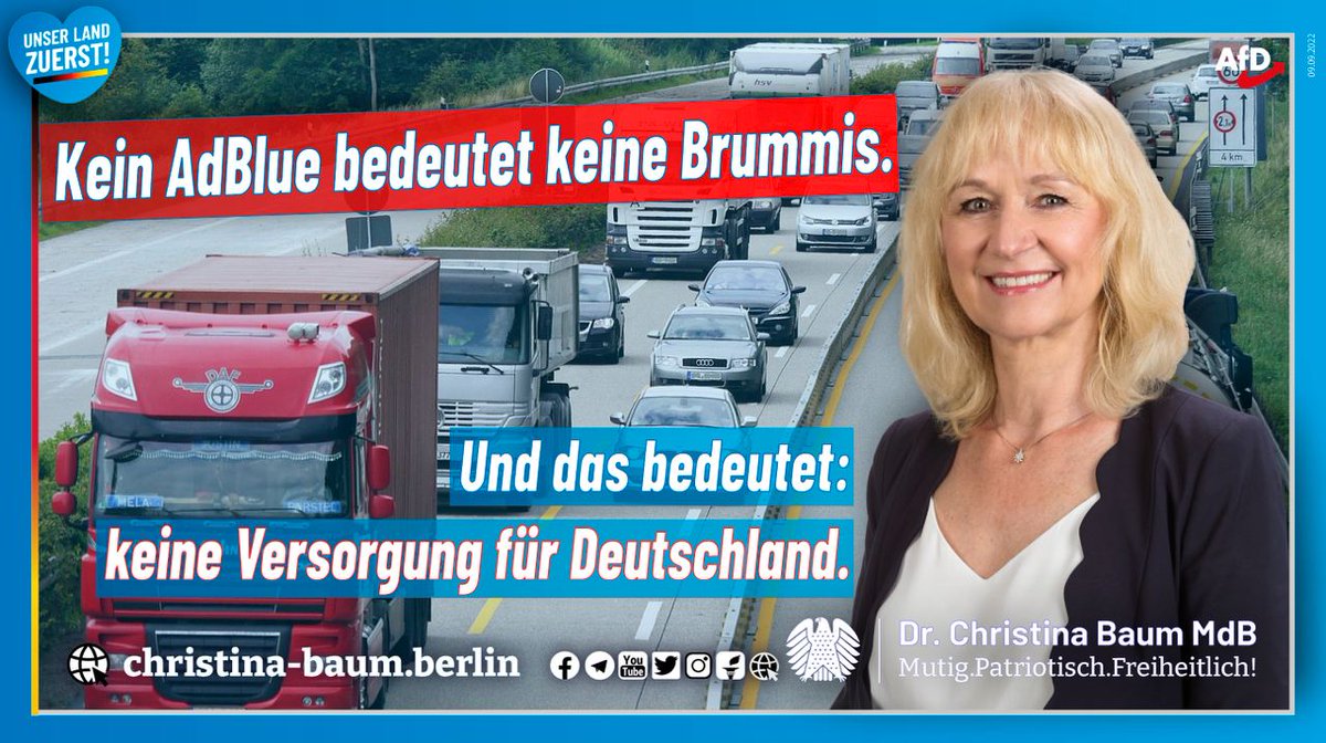 DrChristinaBaum's tweet photo. #Gaspreise – #AdBlue #Produktion steht still. #Energiewende ist faktisch #EnergieEnde. Kein #AdBlue bedeutet keine #Brummis. Keine #Versorgung für #Deutschland. Ende der #Russlandsanktionen - für stabile #Energieversorgung. 

https://t.co/mHKpaBtaBU

https://t.co/obteVdIgPk https://t.co/IIgCh1veEl