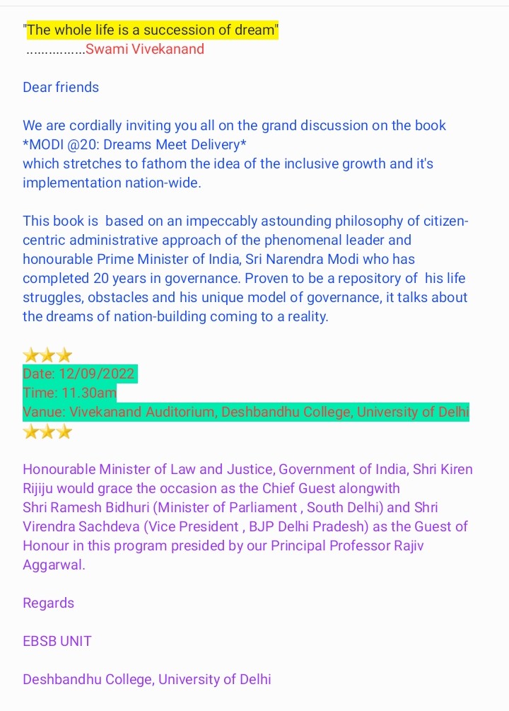 DeshbandhuColl1's tweet photo. Dear friends;We are cordially inviting you all on the grand discussion on the book  *MODI @20: Dreams Meet Delivery*
Date: 12/09/2022 
Time: 11.30am
Vanue: Vivekanand Auditorium, Deshbandhu College, University of Delhi
@KirenRijiju
@narendramodi
@dpradhanbjp
@ugc_india
@MLJ_GoI https://t.co/wNDD7c5vj8