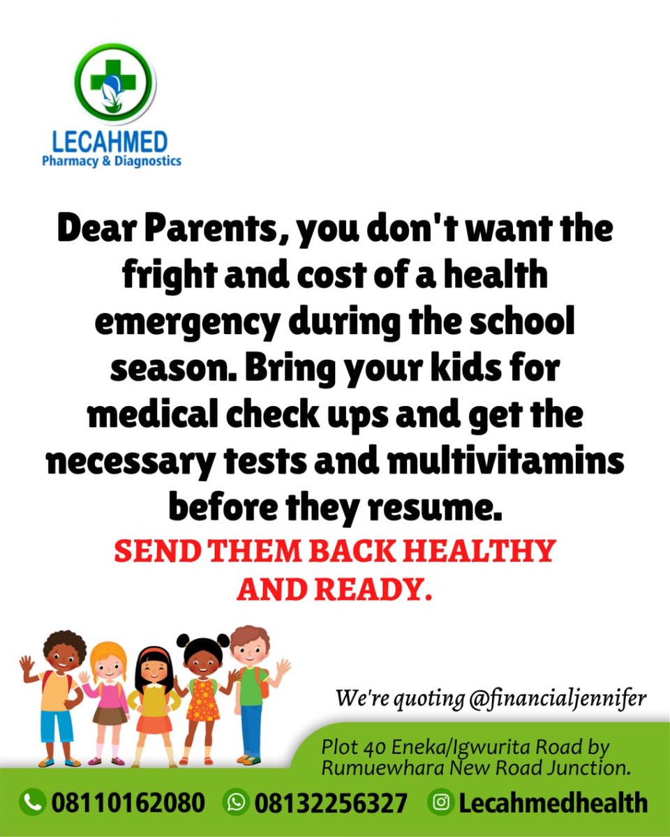 lecahmedhealth's tweet photo. Dear parents, getting your kids ready for school &amp; need to make sure they are in clean bill of health for the term?Hurry now &amp; get 10% off their laboratory tests &amp; Multivitamins From us Lecahmed Pharmacy &amp; Diagnostics Ltd.💚💙 #phtwittercommunity @Tweetestboi_ph @AborisadeAdeto1 https://t.co/zVmmZIvu3O