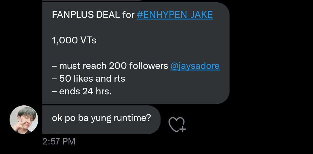 lovessjw's tweet photo. FANPLUS DEAL for #ENHYPEN_JAKE 

1,000 VTs 

– must reach 200 followers @jaysadore
– 50 likes and rts
– ends 24 hrs.

#ENFuelUp https://t.co/Mr6SrQrwqk