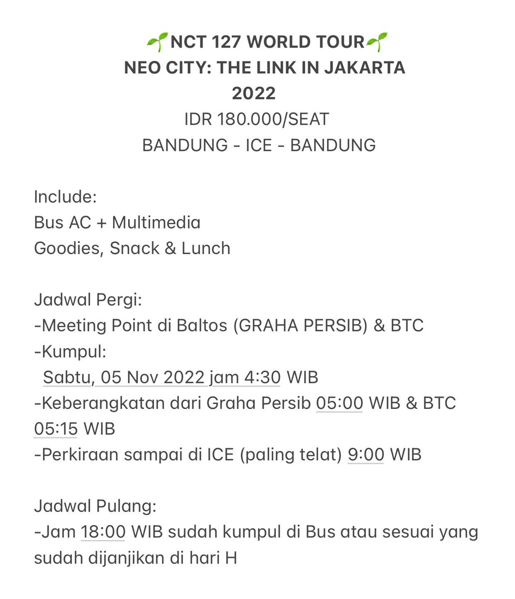 tripconcertbdg's tweet photo. 🌱 NCT 127 WORLD TOUR - THE LINK IN JAKARTA 🌱

(BANDUNG - ICE BSD - BANDUNG)

Only 180k

Booking seat via dm or whatsapp 085624068306 

Let's trip together NCTzen! 💚 
#NCT127 #NEOCITY #JAKARTA
#NEOCITY_THE_LINK
#NCT127_NEOCITY_THE_LINK
#NEOCITY_THE_LINK_JKT #TripConcertBdg https://t.co/wu33zRJXP7