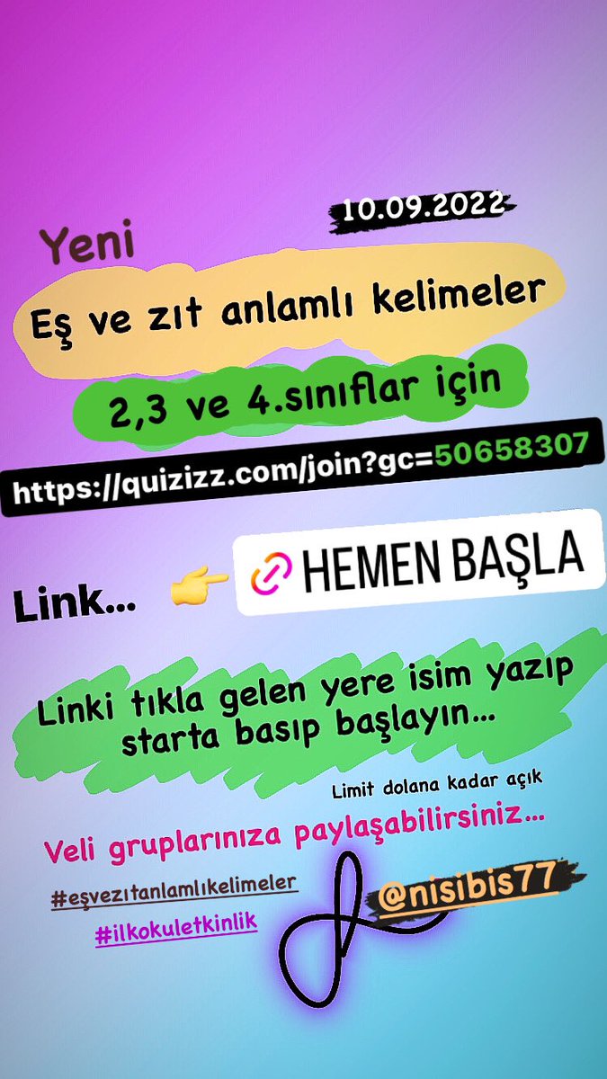 İlkokul öğrencileri için 

2 ,3 ve 4.sınıfa geçenler için 👇

quizizz.com/join?gc=506583…

DENEMEYE NASIL GİRİLİR?

Quizizz linkini tıkla, gelen yere isim yazıp starta basıp başlayın…