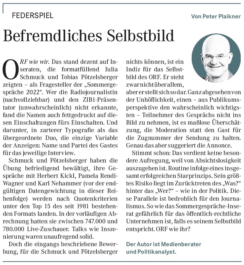 PeterPlaikner's tweet photo. Nachtrag mit inhaltlichem Respektabstand zu den #orfsg22: Die Bewerbung mit dem großen Bild von Julia Schmuck und Tobias Pötzelsberger und der nur untergeordneten Angabe des Gastes signalisierte eine befremdliche Selbstüberhöhung des @ORF (@diefurche). https://t.co/VK91epFTxE