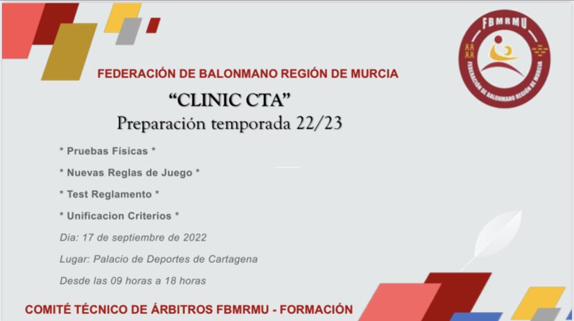 CLINIC DE PRETEMPORADA del CTA <a href="/FBMRMU/">FED. BALONMANO REGION DE MURCIA</a> 17 de septiembre en el Palacio de los Deportes de Cartagena, desde las 9 hasta las 18 horas.
