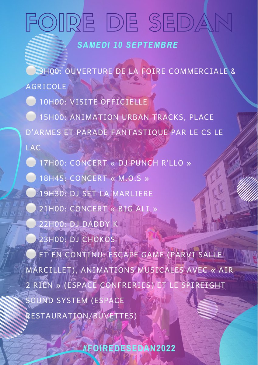 FoiredeSedanoff's tweet photo. 🛍TOP DÉPART POUR LA FOIRE!🛍

Coup d’envoi de la 86ème #Foirecommerciale de #Sedan! C’est parti pour 5 jours de fête, de convivialité et de bonnes affaires!🤩👍
Bon week-end et bonne #Foire à tous!💕
#foiredesedan #foiredesedan2022 #ardennes #foirelivesession #foireagricolesedan https://t.co/Ak5iPPXCsW
