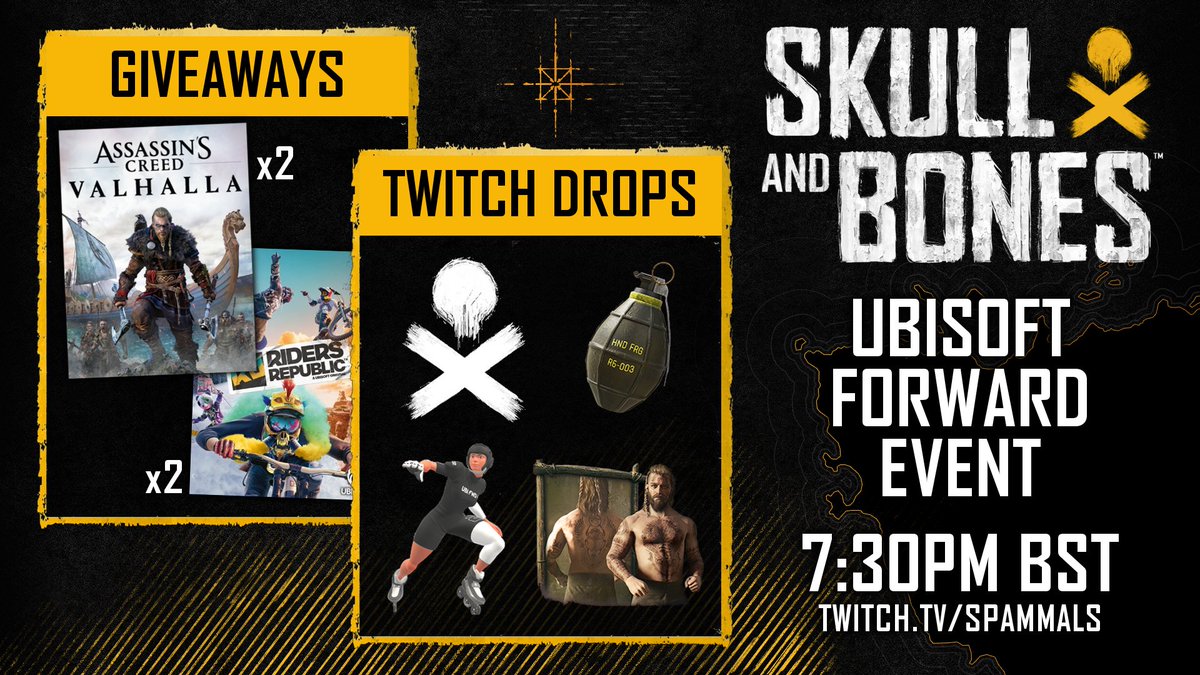 Spammals's tweet image. TWITCH DROPS &amp;amp; GIVEAWAYS

I'll be co-hosting tonight's #UbiForward event covering #SkullandBones! Twitch Drops enabled AND I'm giving away 2x AC: Valhalla &amp;amp; 2x Riders Republic games!

📅 September 10, 2022
🕒 7:30 BST
📺 twitch.tv/Spammals

@skullnbonesgame @Ubisoft