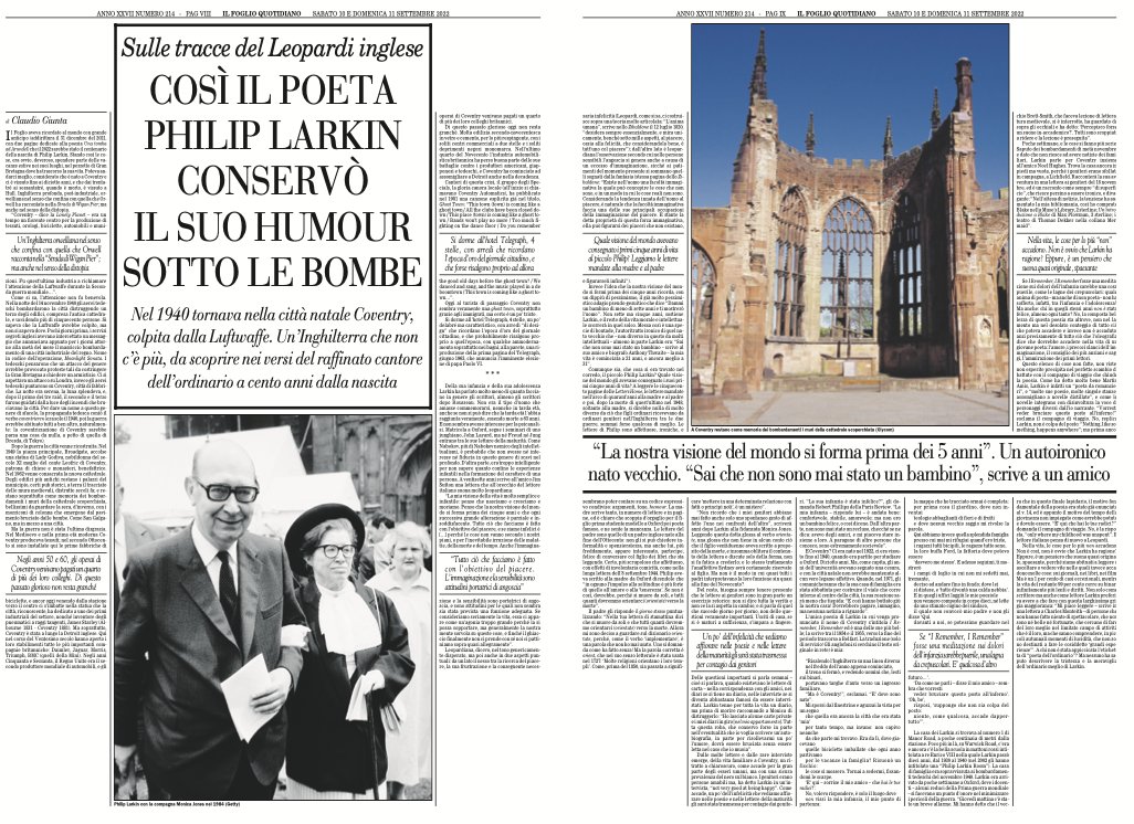 ilfoglio_it's tweet photo. Così Philip Larkin conservò il suo humour sotto le bombe. Nel 1940 tornava nella città natale Coventry, colpita dalla Luftwaffe. Un’Inghilterra che non c’è più, da scoprire nei versi del poeta a cento anni dalla nascita. L'articolo di Claudio Giunta
https://t.co/hmuNtO3V6f https://t.co/Da3BlRrK6D