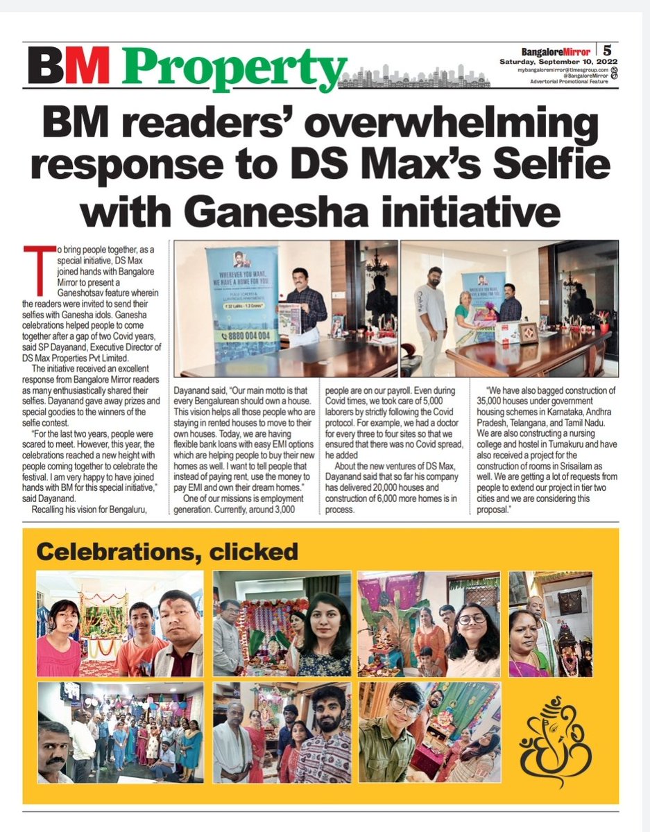 malagi_mahesh's tweet image. Today we have carried post event coverage of our unique initiative BM&quot;Ganesha family selfie&quot; which has been sponsered by our client @dsmaxbuilders a well known RE brand of the city.@katranjeet @kalicharanRai @vk_response @BangaloreMirror @sridharvMIRROR @GayatriYashi