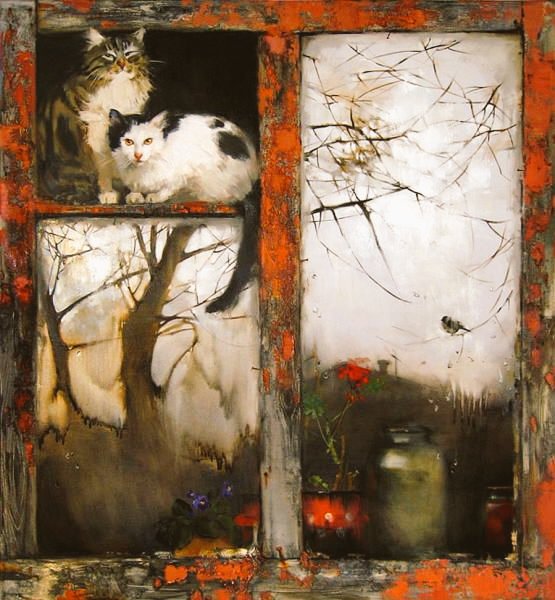 womensart1's tweet photo. 'Cats in a Window' by contemporary Ukrainian painter Maria Chepeleva #WomensArt https://t.co/FtWYxGKi19