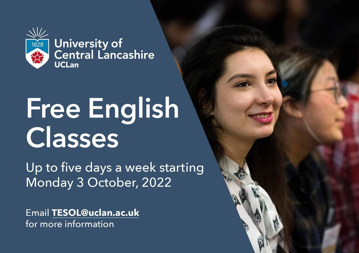 🎇Our Free English Classes are back! 🎇

Starting Monday 03 October
For members of the public, UCLan students and staff 
For people age 18+

Find out more 👇
ow.ly/yIrF50KE7eV