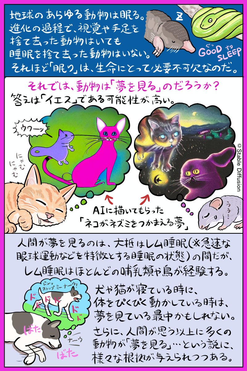 「動物は夢を見るの?」という疑問の答えについて、現状わかっていることを図解しました。地球の動物は例外なく眠りますが、睡眠中の脳が引き起こす「夢」もまた、人間だけの特権ではないようです。さらに最新の研究で、意外な動物も「夢を見る」可能性が浮上…!? 