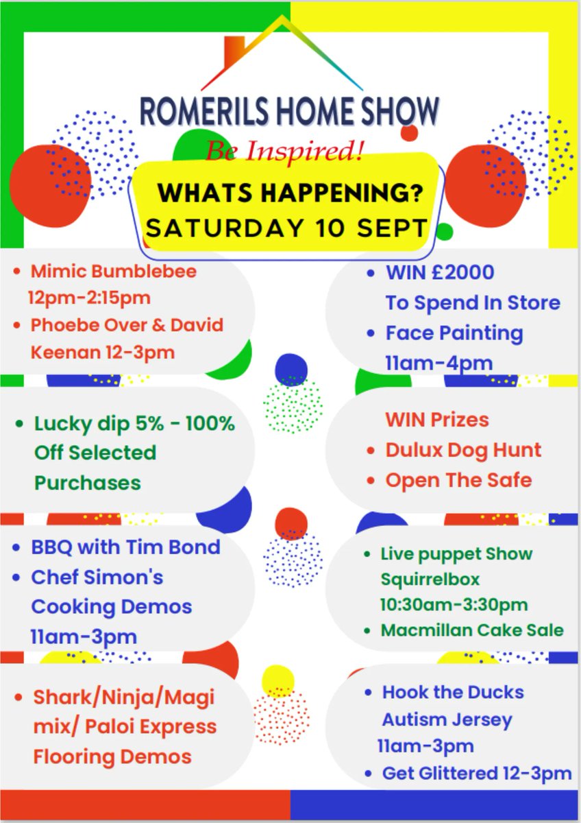 It is the last day of Romerils Home Show Event today. Please pop along for some family fun, competitions and lots of activities to see and do 💙 💚 💛 ❤️ 💜 

PS. Don't forget to visit us and "hook-a-duck"!! 🐤 🦆🐤