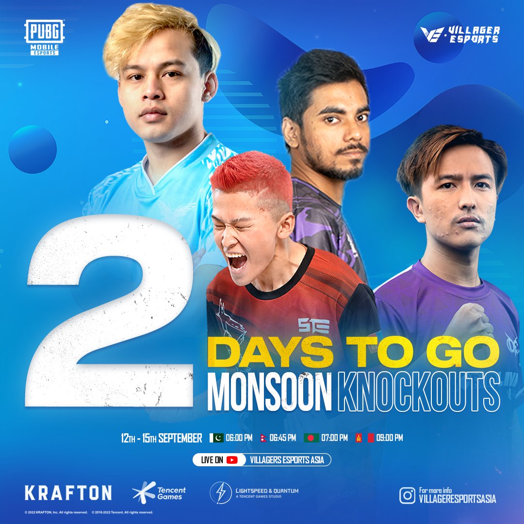 VillagerAsia's tweet photo. 2️⃣ Days to go! 🫣⏳
Set your reminders ⏰
Live on YouTube ➡️ Villager Esports Asia
Timing 🕰️ - 6:30 PM +5:30GMT 🕡
Follow @villageresportsasia for more updates on the latest tournament😉
#VE #VillagerEsports #MonsoonKnockouts #VEMK #Asia #Esports #Gaming #pubgmobile https://t.co/jfHsEAo1Gz