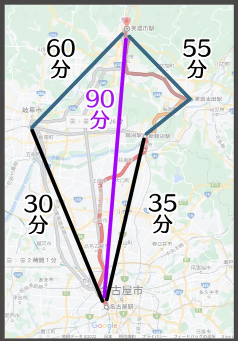 名古屋～美濃市がおもったより時間喰うというか、手前(岐阜・鵜沼)までは30分前後で行けるのに、そっから倍近くかかるのがよくわからん。クルマで突っ切っても同じくらいかかる 