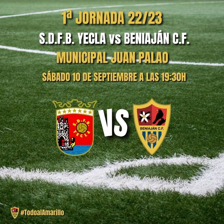 BeniajanUCAMCF's tweet photo. ¡¡POR FINNN!!

Después de 6 semanas de pretemporada, damos el pistoletazo inicial a una temporada, que seguro va a ser apasionante para nuestro Juvenil Liga Nacional. 

Hoy, 1ª Jornada, jugamos contra  @FBYecla en el Municipal Juan Palao, a las 19:30h

#TodoAlAmarillo
💛⚽️ https://t.co/3SAhEN3rvE