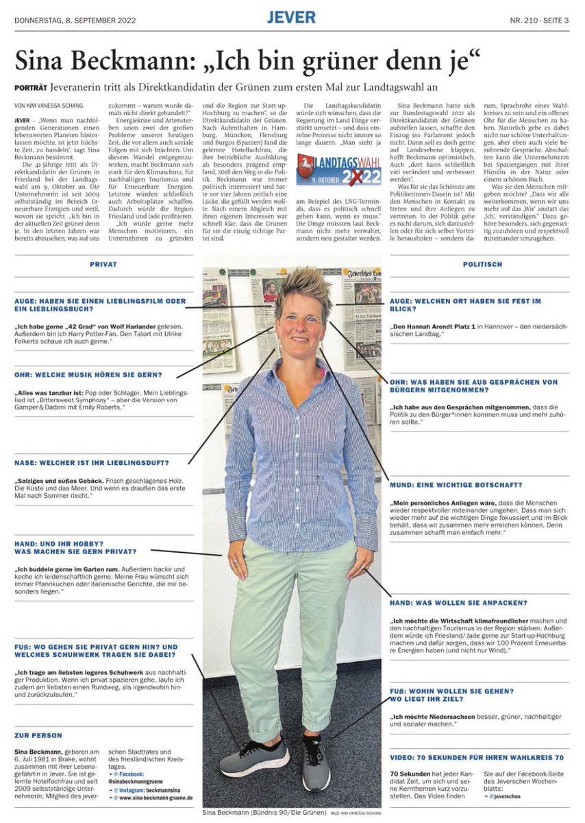 SinaBeckmann4's tweet photo. Das @Wochenblatt1791 stellt alle Kandidierende für die #Landtagswahl in #Niedersachsen mit einseitigen Portraits vor. Danke für das nette Interview 💚 

#ltwnds #ltwnds2022 #Grüne #Energiewende #klimafreundlicheWirtschaft #nachhaltigerTourismus #EndlichMachen #MegapowerSina https://t.co/jaXmtbVz9i