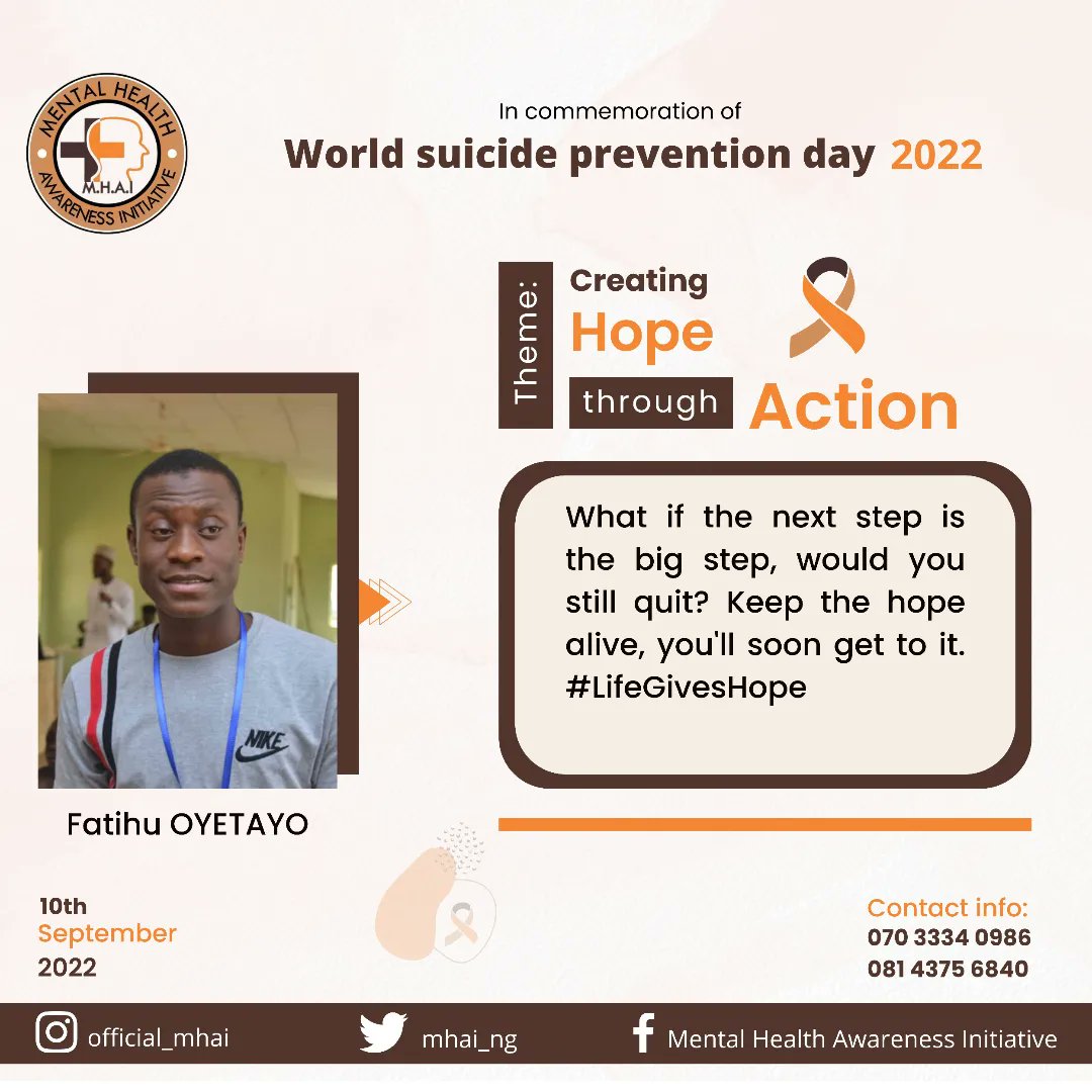 cleanerinilorin's tweet photo. @mhai_ng @Mazeedatrants
@zaynab_hamzat @mohsimple001
@LawalMariamAde9 
#worldsucidepreventionday #worldsucidepreventionday2022 #lifegiveshope #NeverGiveUp
 #World_Suicide_Prevention_Day
10th September, 2022
M.H.A.I Cares🙋‍♂️💑✍️ https://t.co/MIIAMHRHHi